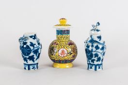 Two 20thC Chinese/Canton Blue & White Miniature Vases And Covers Plus On Other, Tallest 4.5 Inches