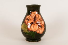 Moorcroft Small Globular Shaped Vase ' Coral Hibiscus ' Design on Green Ground. Stands 3.75 Inches