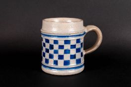 18thC Westerwald Salt Glaze Mug, grey and cobalt blue. Scraffito decoration, 4.25 inches high, (