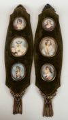 Pair of French Velvet Mounted Shaped Wall Plaques, with Three Oval Miniature Paintings Enclosed, All