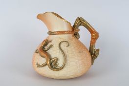 Royal Worcester Blush Ivory Basket Weave Lizard Jug. c.1910 with Rope and Branch Handle. 6.5