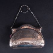 A Victorian Silver Plated Shaped & Chased Ladies Purse with fitted red interior. 3.5x4.5''
