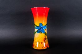 Large Murano Glass Vase, Sunset background with blue flower & stem, 12'' in height.