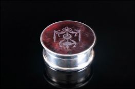 A Fine Silver and Tortoiseshell Circular Trinket Box with Silver Inlay to Cover. Hallmark London