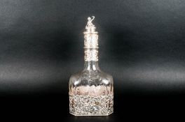 European Exceptional Silver & Overlaid Repousse Worked & Mounted Etched Glass Decanter, with