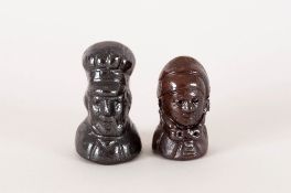 Two Stoneware Salt Glazed Candle Snuffers, Gentlemen in night dress. 1.5 and 2 inches high. 5 inches