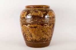 A 19th/20thC Salt Glazed Stoneware Vase decorated in the Chinoisserie Style with raised mythical