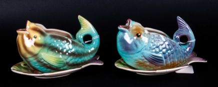 Shorter & Sons Pair Of Unusual Fish Sauce Boats & Stands, Circa 1930's. 4'' in height, 6'' in