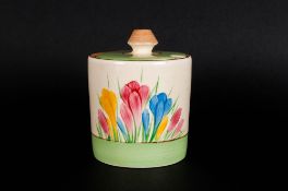 Clarice Cliff - Hand Painted Royal Staffordshire Lidded Preserve Pot ' Spring Crocus ' Design. c.