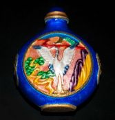 Chinese Enamel Snuff Bottle Decorated In Blue Depicting  Crane Bird 20th Century. 2.5'' in height.