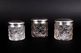 Edwardian Silver Topped Circular Cut Glass Ladies Dressing Table Jars. All Fully Hallmarked -