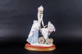 Lladro Figure ' Baby's Outing ' Model Num.4938. Issued 1976. Height 12.5 Inches with Stand. Crack to