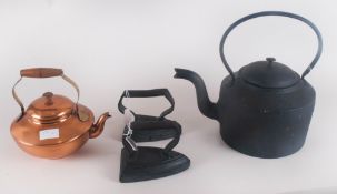 Collection Of Metalware comprising Cast Iron Kettle, Brass Kettle, & 2 Cast Iron Weights In The Form