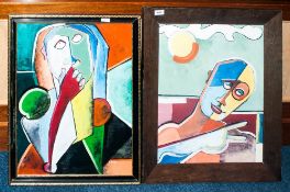 Pair Of Modern Abstract Oil On Boards Stylised Figures, Both Initialed CP 15 Marked To Reverse