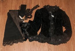 Victorian Black Velvet and Lace Jacket, fully fitted with a high neckline, the lace trim around