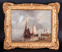 A. Hulk, Small Marine Oil on Canvas, Depicting a Dutch Estery Scene with Boats and Figures on The