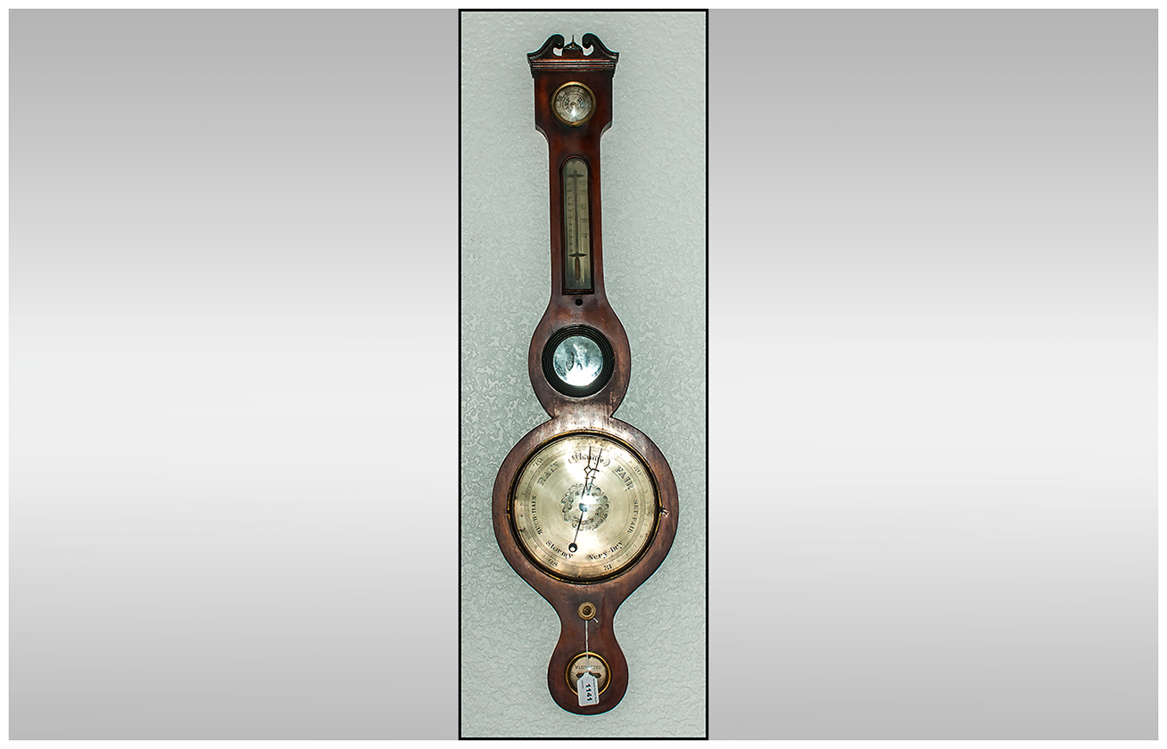 A Mahogany Wheel Barometer With Silvered Dial 'Hygrometer, Thermometer & Spirit Level' Mid 19th