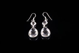Rock Crystal Pendant Earrings, each earring comprising a large pear cut, and a smaller lozenge