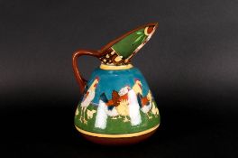 Foley Intarsio Jug by Frederick Rhead, Geese & Hens c1900 Height 6 Inches AF