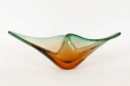 Murano Glass Possibly Flavio Poli Asymmetrical Bowl with green and amber colourway. 17.5 inches