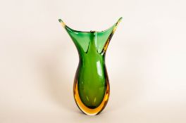 Segusa Murano Art Glass Vase, In Green and Amber Colour way, Cased In Clear Sommerso. Height 9