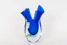 Murano Glass Heavy Blue Sommerso Vase, with Murano silver label. 9 inches high,