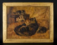 Late 19th Century Oil on Panel of a Mother Cat Washing Her Kitten with other Kittens at Play on