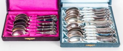European Boxed Set of 12 Silver Plated Teaspoons, with Ornate Handles. c.1920 + a Further Boxed
