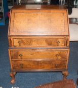 Early 20thC Walnut Bureau, Hinged Slope With Fitted Interior Above 3 Long Graduating Drawers, Raised