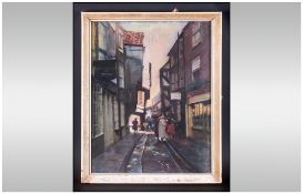 Pastel Drawing Of The Shambles York Figures In The Street, Signed A.Collins. Framed & Glazed.