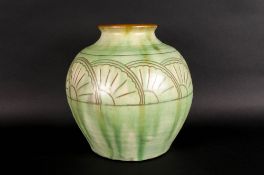 Wesuma Pottery Green Glazed Deco Vase, Rising suns At Shoulder By Tom Lemon & Son 1920/30's.