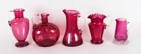 Victorian - Collection of Cranberry Glass Jugs ( 5 ) In Total. c.1870's. Wonderful Shapes and
