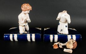 Pair Of Royal Dux Bookends, Cobalt Blue Books Surmounted With Figures, 1 Completely Broken, Model