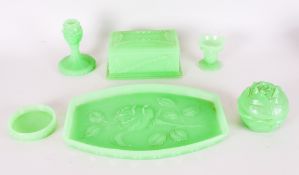Czechoslovakia 1930s Green Moulded Glass Dressing Table Vanity Set, original ticket to base.