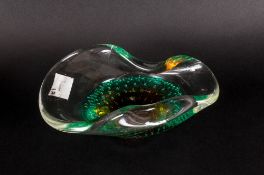 Salviati Murano Bullicante Glass Bowl in green and amber colourway, 7. 75 inches wide.