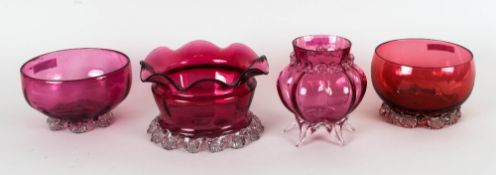 Victorian - Collection of Cranberry Glass Bowls with Crystal Prunted Glass, Pleating Feet. ( 4 )
