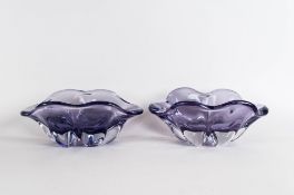 Kosta Boda - Pair of Art Glass Lobed Bowls In Purple Colour way. Each 9 Inches In Diameter.