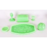 Czechoslovakia 1930s Green Moulded Glass Dressing Table Vanity Set, original ticket to base.