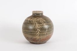 Monogrammed Green Leaf Studio Pottery Stoneware Vase 4.5'' in height
