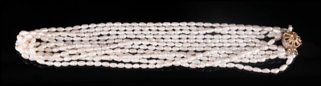 A Vintage 5 Strand Freshwater Pearl Necklace, with Silver Clasp. Marked Silver. 20 Inches In