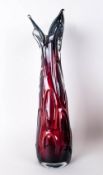Large Murano Ruby Coloured Blown Glass Vase with a Tri Pointed Top. 18 Inches High.