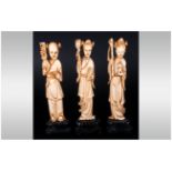 Chinese 19th Century Ivory Figures ( 3 ) In Total. All Figures Raised on a Black Lacquer Shaped
