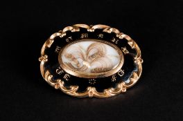 A Fine Quality Early Victorian Large Pinchbeck and Enamel Mourning Brooch / Locket with Shaped