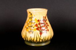 E Radford Hand Thrown Vase with brown and green colourway and leaf decoration. Early to Mid