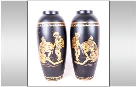 Staffordshire John Tams Crown Pottery Pair of Black and Gold Classical Noir Vases. Depicting