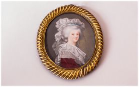 19thC Portrait Miniature Depicting A Noble Lady, Wearing A Burgundy Dress, Lace Fichu and White