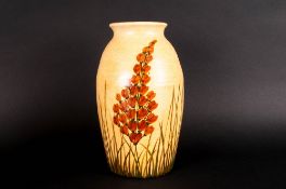 E Radford Hand Thrown Vase with brown and green colourway and leaf decoration. Early to Mid 20thC.