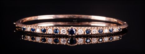 9ct Gold Hinged Bangle The Front Set With Alternating Diamonds And Sapphires, Fully Hallmarked,