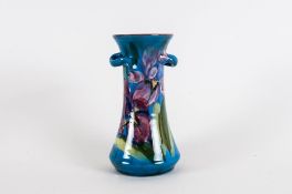 Torquay/Devonware Art Nouveau Vase Of Waisted Form Two Sinuous Handles On A Blue Ground With