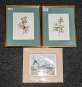 Two Prints Of Flowers, frame & glazed 12x10'' Together with a print of the Windmill Lytham,